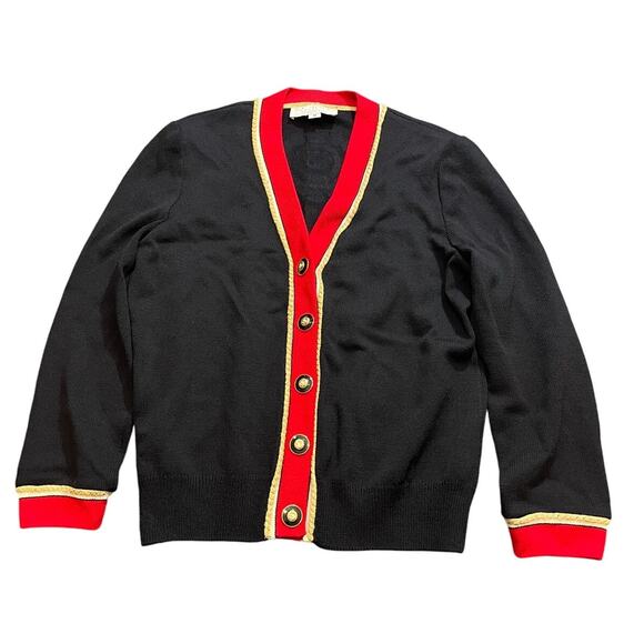 St. John Womens Black Sweater Blazer Cardigan Red Gold‎ Button Embroidered Med - Picture 1 of 8